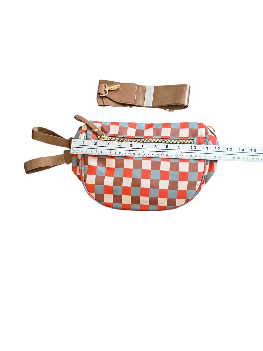 Checkerboard Crossbody Sling Bag - Brown/Blue/White Checkers - Picture 5 of 5